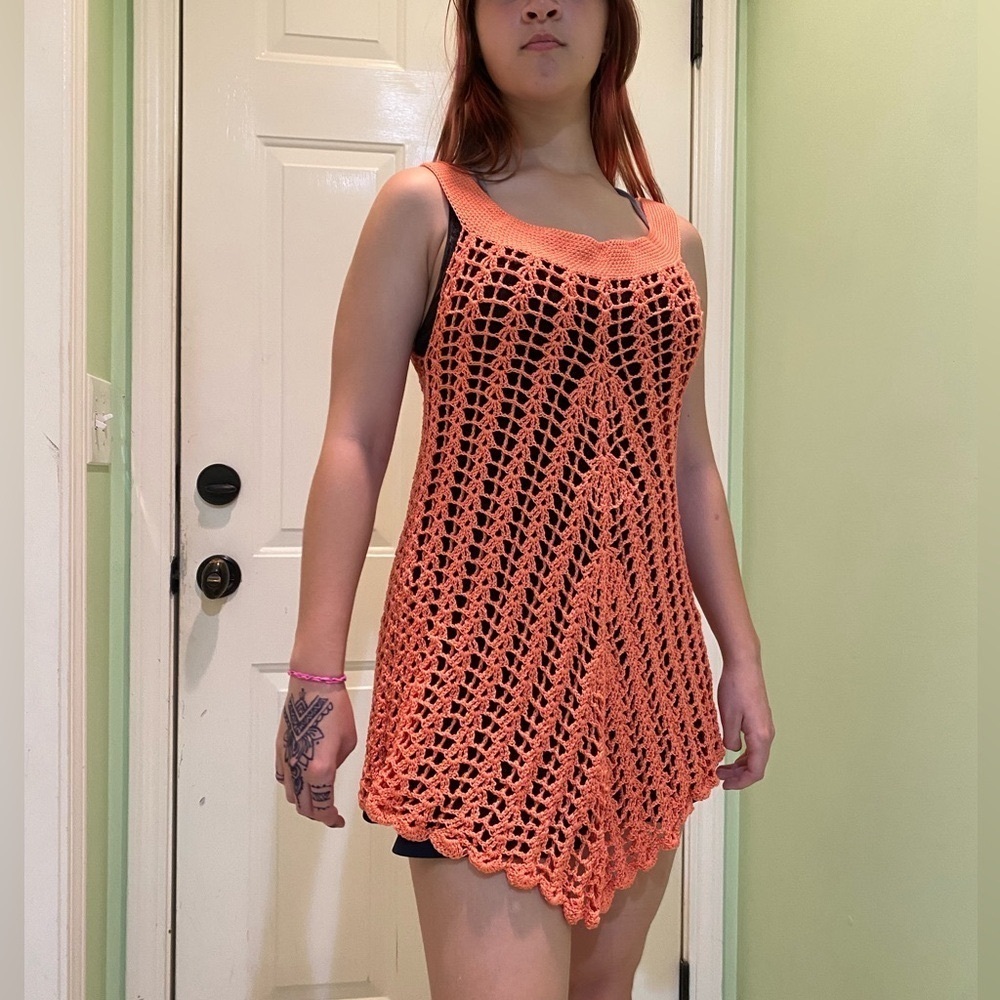 Handmade Crochet Coral Beach Tunic Dress Cover Up Size M/L